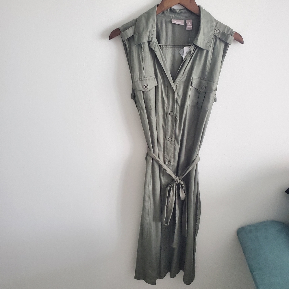 NWT Chicos army green button down neutral midi dress size Medium everyday